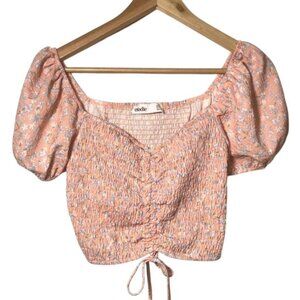 Elodie Floral Smocked Puff Sleeve Crop Top Pink- Womens XS